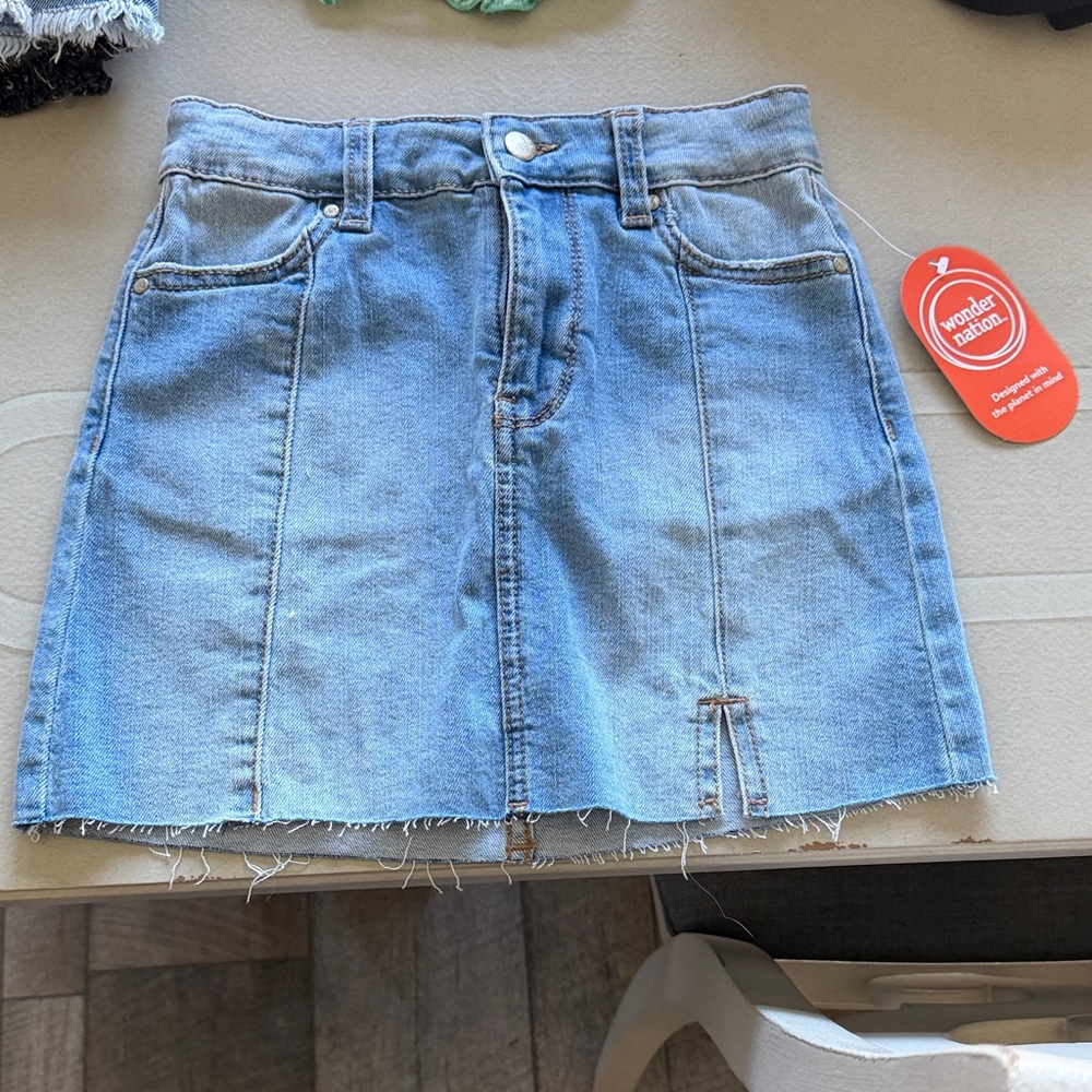 wonder nation light blue denim mini skirt with raw hem